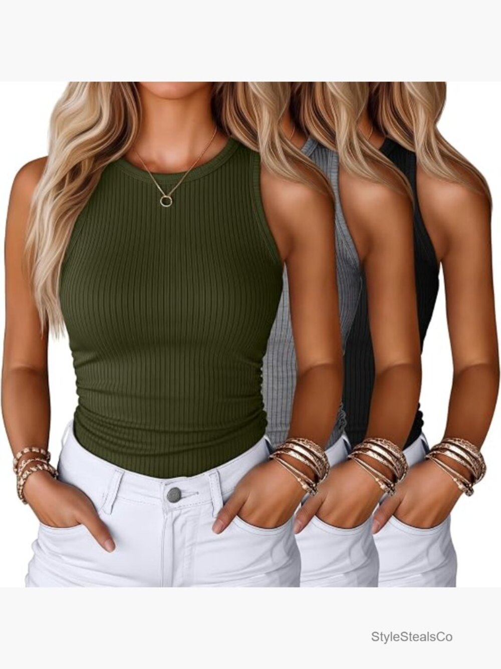 3 Pack Women's Sleeveless Ribbed Tank Tops Crewneck Racerback Side Ruched